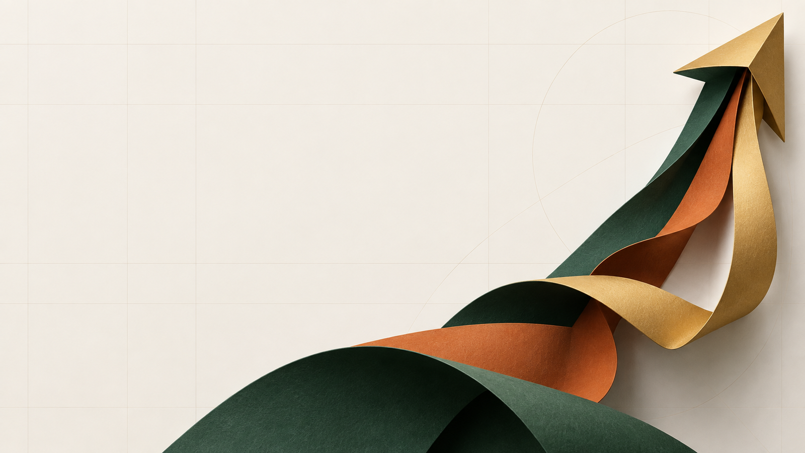 Sculptural orange, gold and forest-green arrows expressing Arrowverse’s Think, Make, Grow identity